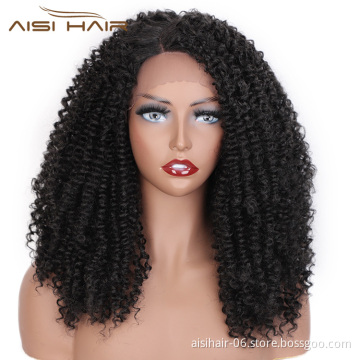 Aisi Hair Medium Long Afro Curly Fluffy Wig Natural Black Kinky Lace Frontal Wig Synthetic Lace Front Hair Wigs For Black Women